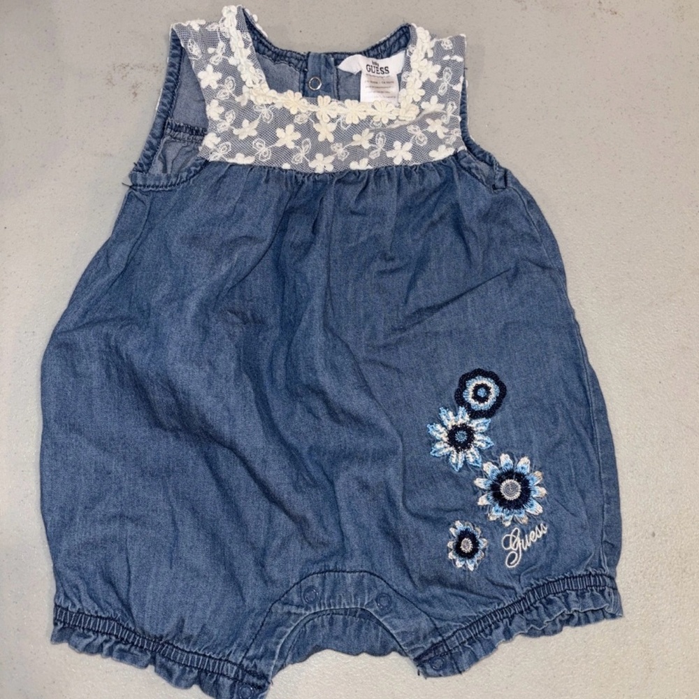Baby Guess 3-6 months girl faux Jean embroidered lace infant one piece outfit